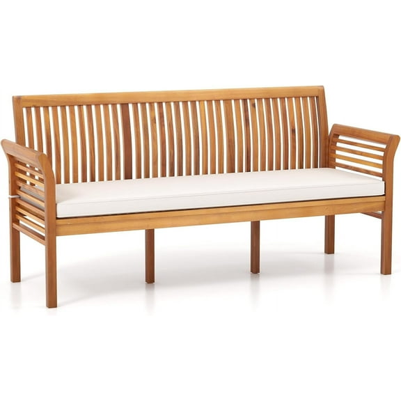 62.5’’ Outdoor Bench Acacia Wood - 3-Person Patio Bench w/Backrest, Armrests & Removable Seat Cushion, Slatted Wooden Garden Bench for Front Porch Park Backyard, 1200 LBS Weight Capacity