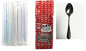 NineChef Bundle - BLACK BUBBLE TEA BOBA TAPIOCA PEARL 2.2LB + Acc U Rate 50 Pcs. Stripe Boba Straws + 1 NineChef Brand Long Handle Spoon
