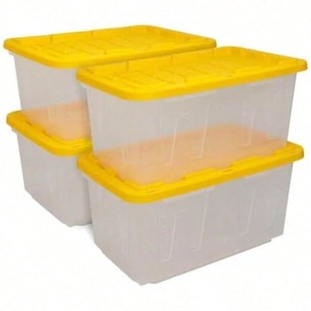 27-Gallon Heavy Duty Clear Storage Container & Snap-Tight Lid, Clear & Yellow (14.3”H x 20.6”W x 30.6”D), Weather-Resistant, Stackable, See-Through Organization Tote [4 Pack]