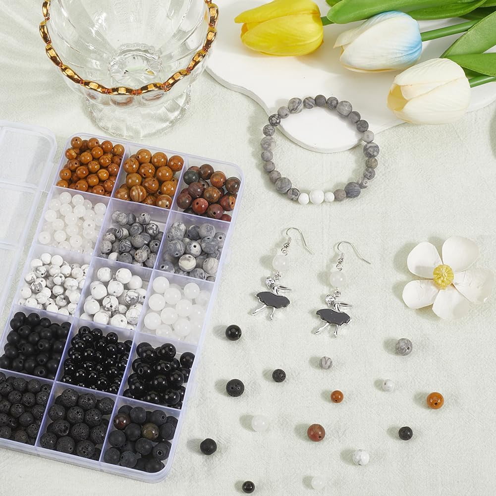 1 Box 620Pcs Natural Howlite Beads Stone Round Beads White Black 8mm Wood Small Ball Spacer Findings Kits for Jewelry Making Necklace Bracelet DIY Craft Accessories colorful