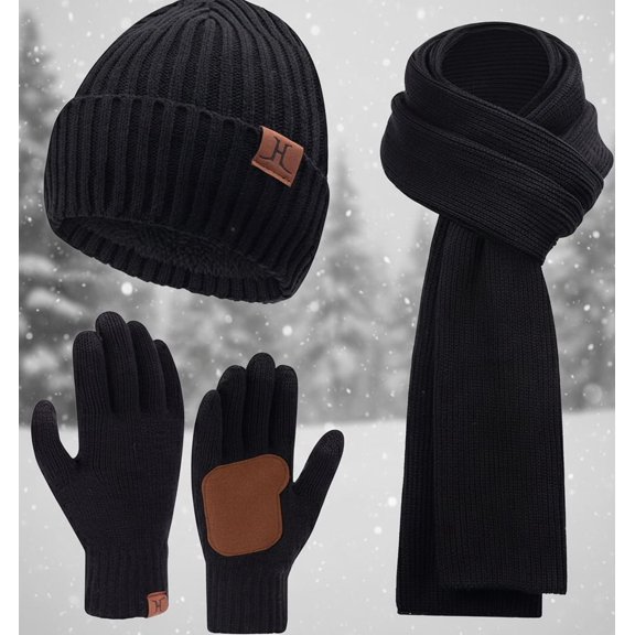 Mens Winter Knit Hat Beanie Long Neck Scarf Touchscreen Gloves Set Fleece Skull Caps Gifts for Men Women