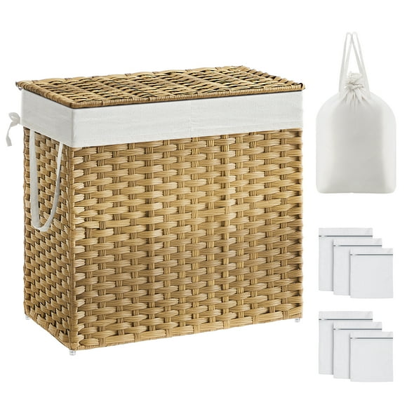 SONGMICS Cesto de la Ropa, 130 L, Cesto de Lavandería, Tejido a Mano, con Compartimentos Separados, con Tapa y Asas, Ratán Sintético, Plegable, Bolsa de Forro Extraíble, Natural