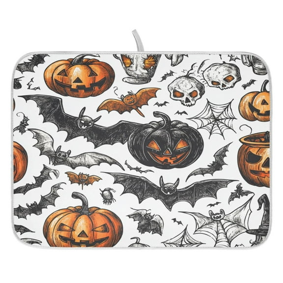 Handdrawn Halloween Style Patterns Dish Drying Mat for Kitchen, Quick Drying Absorbent Soft Durable 16" x 18"