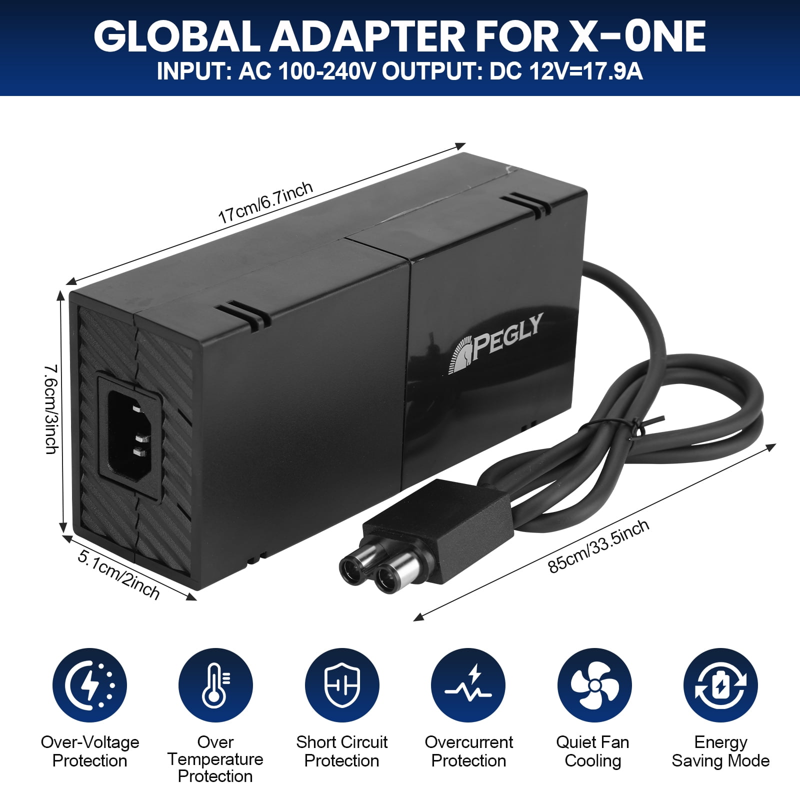 PEGLY Power Supply Brick for Xbox One, AC Adapter Cable Replacement Kit for Xbox One Console Games, Auto Voltage 100-240V, Black