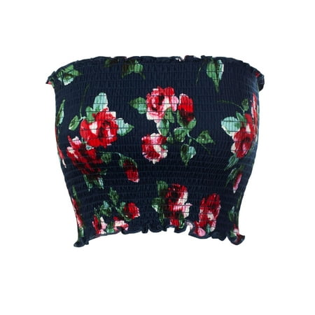Navy Crop - Made by Olivia Women's Floral Print Smocked Lettuce Edge Crop Tube Top Navy L