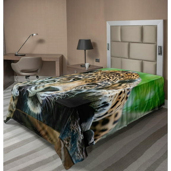 Ambesonne Jungle Flat Sheet, Jaguar Wildcat Feline, Twin Size, Orange Black Green