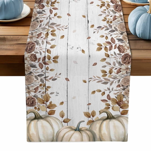 ERUNPONLY Beige Pumpkin Fall Table Runner - 90 Inch Long Thanksgiving Roses Eucalyptus Wooden Cotton and Linen Blended Dress Scarves Farmhouse Table Runner for Kitchen Dining, Coffee Table, 13" x 90"