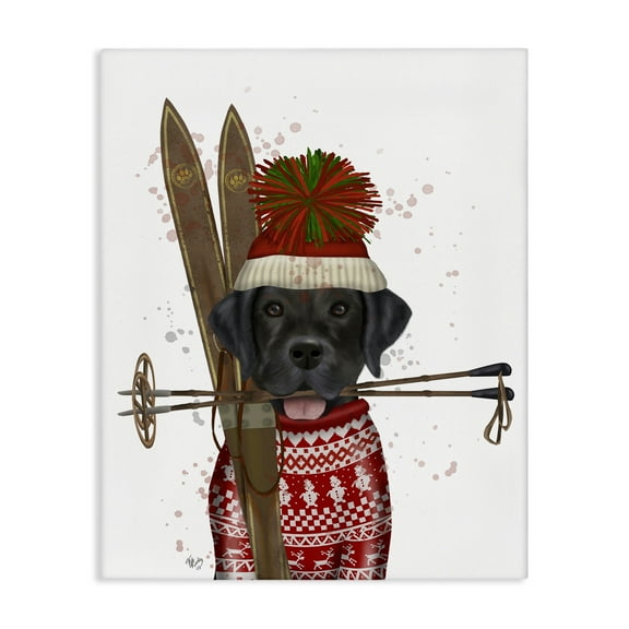 Stupell Industries Black Labrador Skiing Animals & Insects Painting Gallery Wrapped Canvas Art Prints Wall Art, 16 x 20