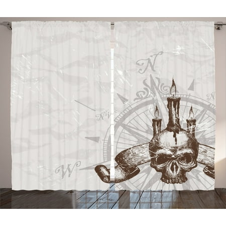 New Bedroom Vintage Curtains 2 Panels Set, Compass with Skull and Candles Spooky Adventure New Pirate Destinations Theme, Living Room Bedroom Decor, Brown Light Pink, by Ambesonne ()