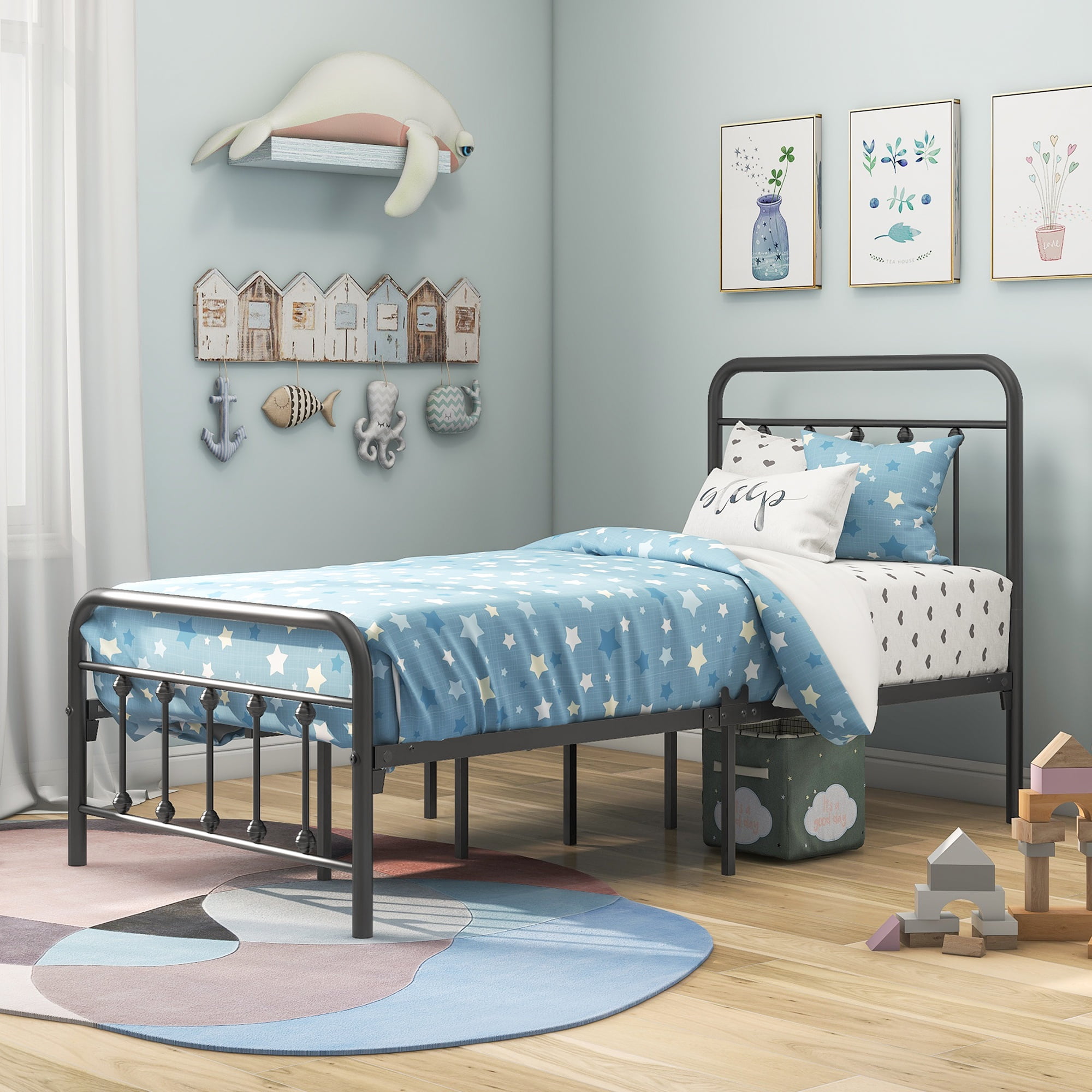 Gewnee Heavy Duty Twin Size Metal Platform Bed Frame with Headboard and Footboard,Black