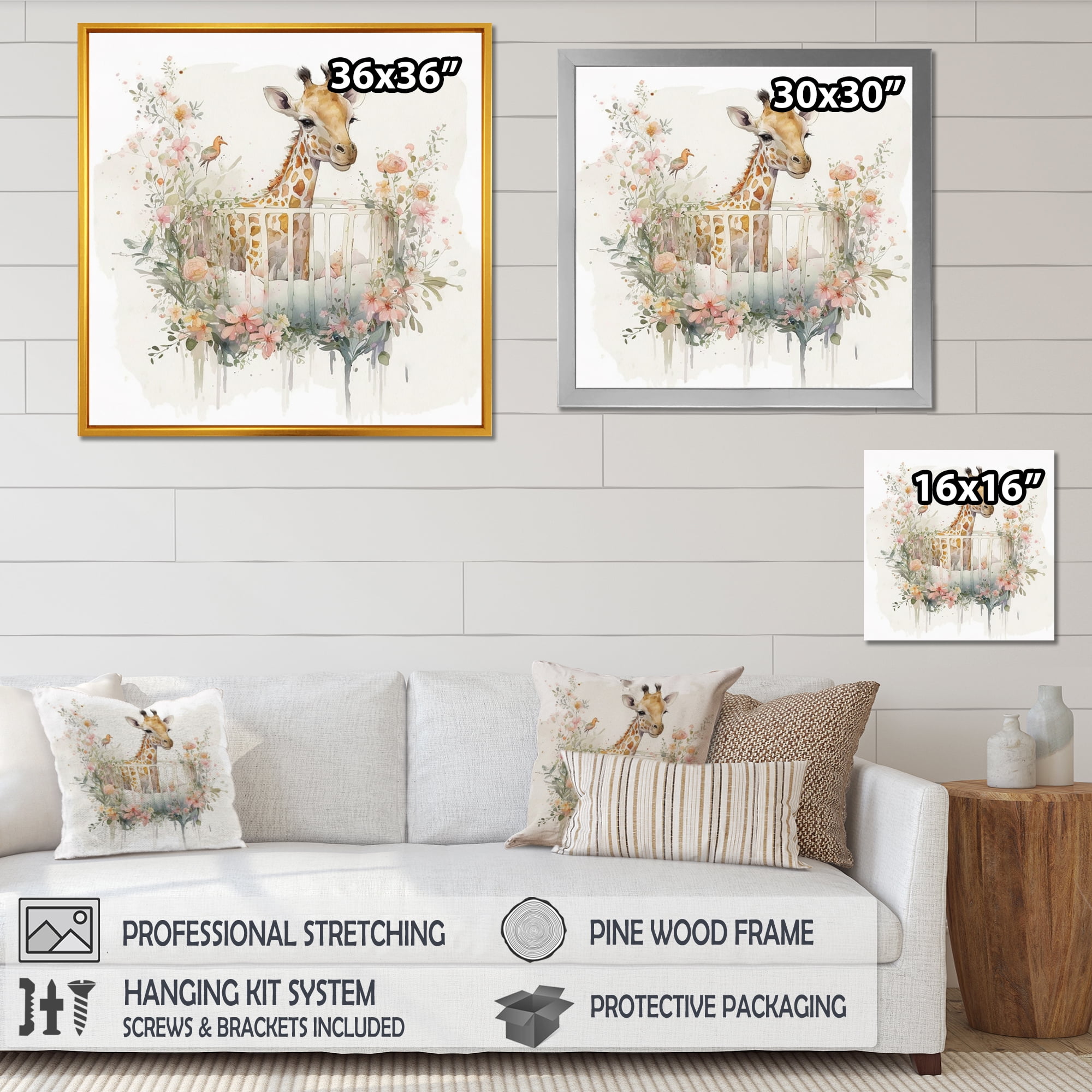 Designart Giraffe In Crib With Flowers Canvas Wall Art