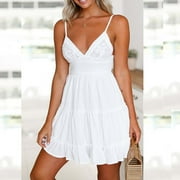 Aimik Womens Lace Short White Wedding Dress V-Neck Spaghetti Strap Bowknot Backless Sleeveless Mini Summer Party Beach Sun Dresses