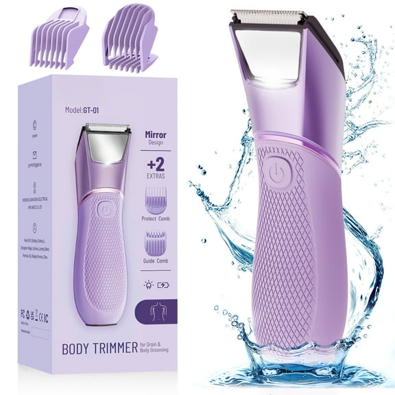 Nogroa Bikini Trimmer for Women, Pubic Hair Trimmer with Mirror & LED Light, Cordless Electric Razor Body Shaver for Trip, USB Rechargeable, IPX7 Waterproof, Ceramic Blade - for Silk Skin, Purple