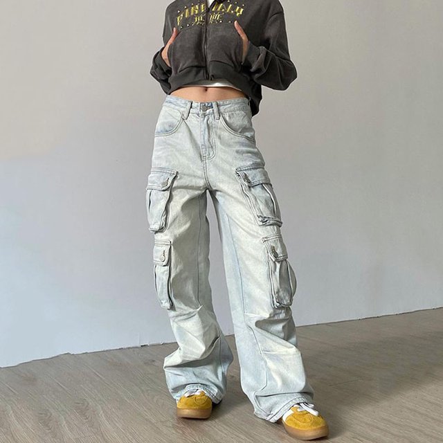 Pantalones Cargo para mujer, pantalón informal de cintura alta, holgado, elástico, de pierna ancha, ropa de calle Y2K con 4 bolsillos