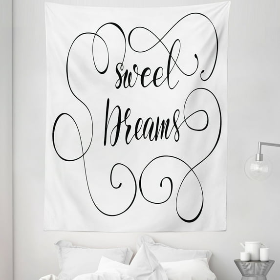 Saying Tapestry, Inspirational Text with Modern Romantic Calligraphy Design and Swirls, Fabric Wall Hanging Decor for Bedroom Living Room Dorm, 5 Sizes, Black and White, by Ambesonne