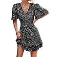 thumbnail image 1 of xiaxaixu Mini Robes pour les Femmes Manches Courtes V Col Taches Imprimer une Ligne Robe d'Été Robe pour Tous les Jours Occasionnels, 1 of 7