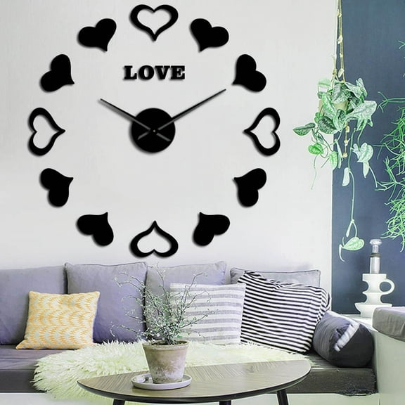 DIY Love Hearts Acrylic Mirror Wall Art Decor Large Wall Clocks Girls Room Nursery DIY Frameless Wall Watch Valentines Lover Gift(Black,27inch)