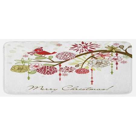 

Christmas Kitchen Mat Floral Winter Red Bird Hat and Scarf on Blooming Tree Nature Inspired Plush Decorative Kitchen Mat with Non Slip Backing 47 X 19 Green White by Ambesonne