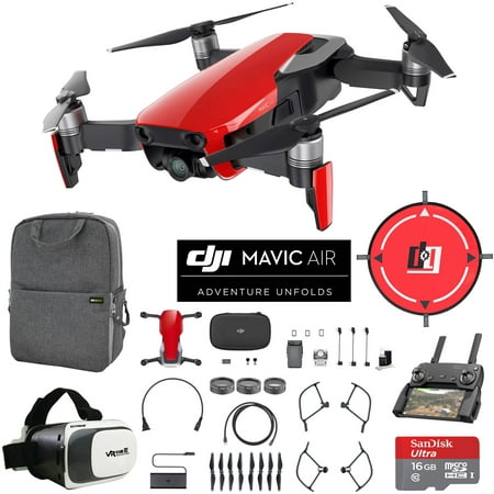DJI Mavic Air (Flame Red) Drone Combo 4K Wi-Fi Quadcopter with Remote Controller Mobile Go Bundle with Backpack VR Goggles Landing Pad 16GB microSDHC Card and Filter