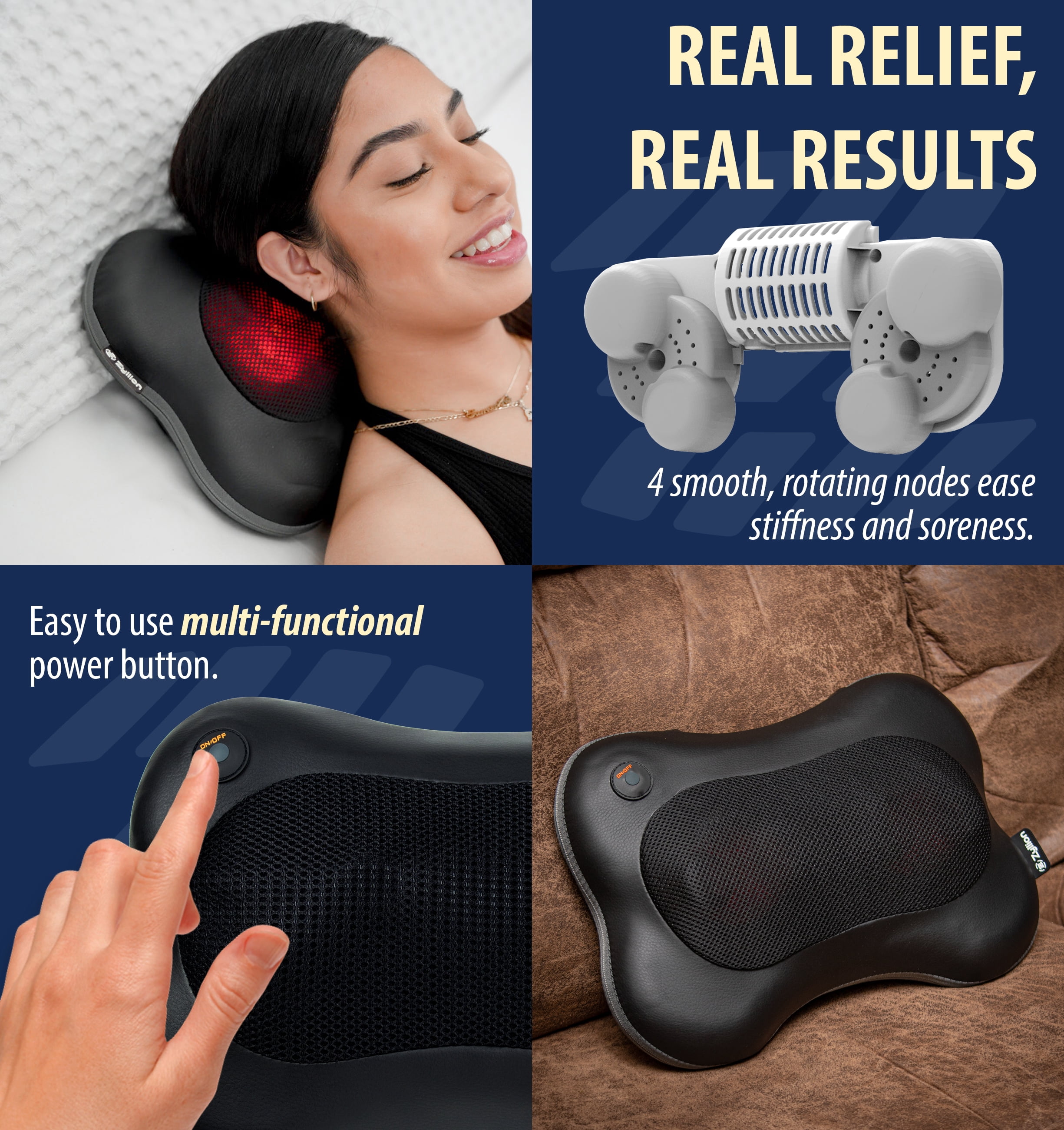 Zyllion Rechargeable Shiatsu Back & Neck Massager 3D Kneading Cordless Massage Pillow with Heat for Muscle Pain, Black