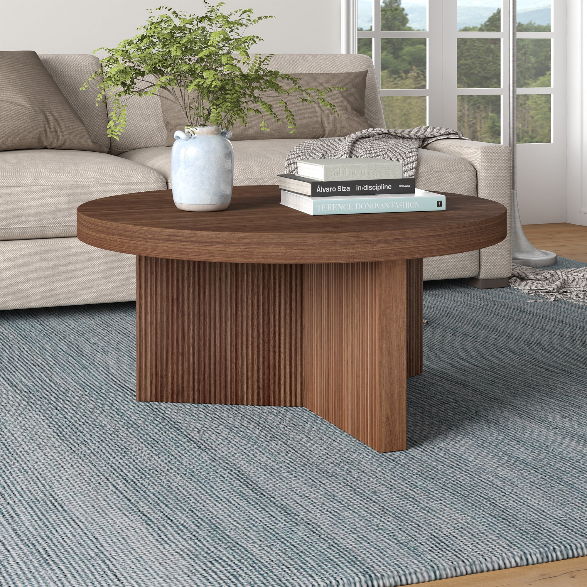 Holm 32" Wide Round Fluted Coffee Table in Satin Walnut