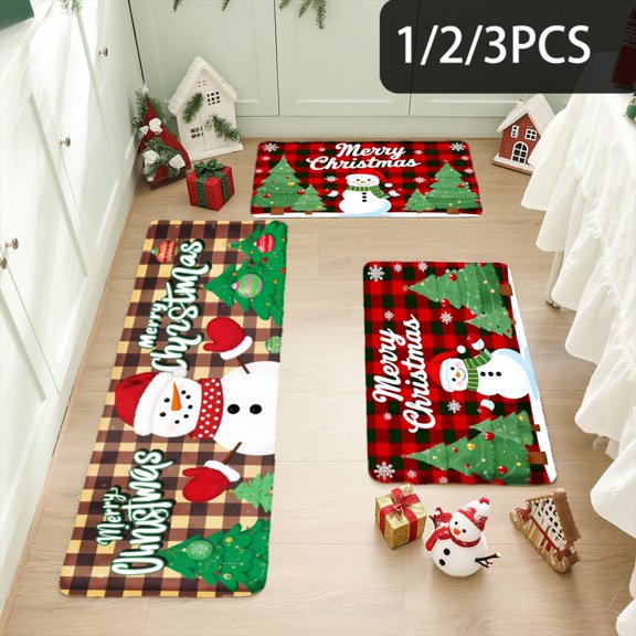 3PCS Kitchen Mat set, Welcome Door Flannel Rug,Home Decor for Front Door,Kitchen, Bathroom, Snowman Christmas Tree Plaid Pattern Print ,Great Thanksgiving Day