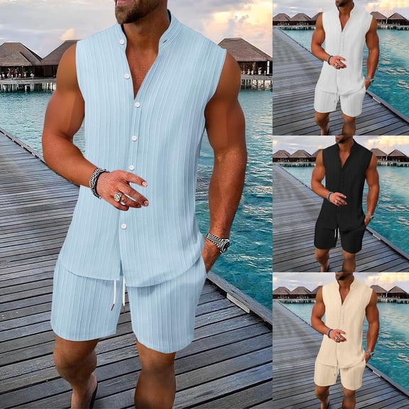 Antinious Summer Outfits for Men,Sleeveless Pajamas for Men Set,Mens Fashion Comfy Solid Sleeveless Stand-up Collar Regular Casual Tank Top Shorts Set,Black,XL