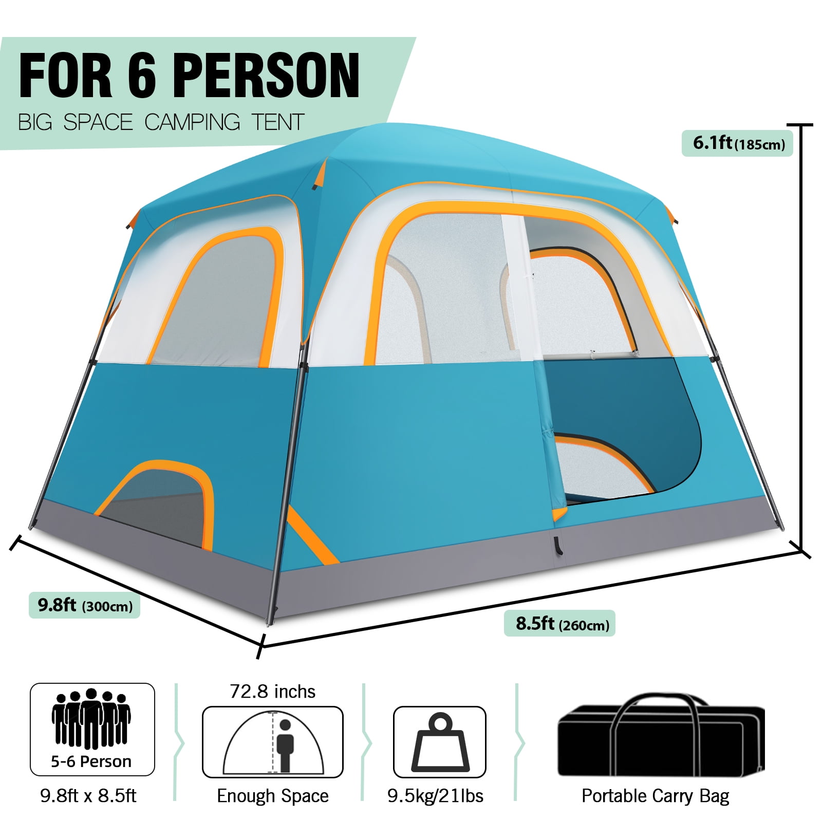 SANOPY 6 Person Camping Tent, Waterproof Family Cabin Tent with Rainfly & Mesh Windows, Easy Setup Lightweight Tent for Camping, Hiking, Beach & Outdoor, Blue