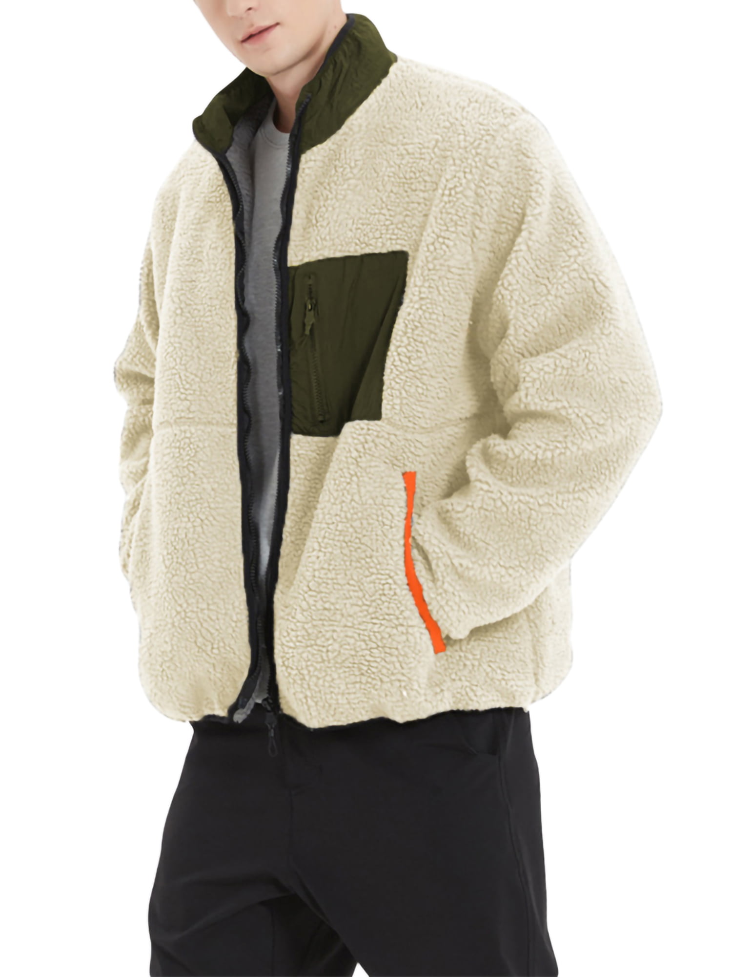 hirigin Men Lamb Fleece Jacket Contrast Color Casual Loose Warm