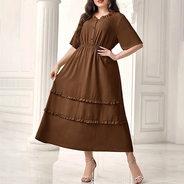 Ovzne Robes Grande Taille pour Femmes Rondes Robe de Plage Mode Grande Taille Couleur Unie Col Rond Manches Courtes Boucle Taille Robe en Dentelle Grande Taille Robe Maxi Manches Courtes Liquidation