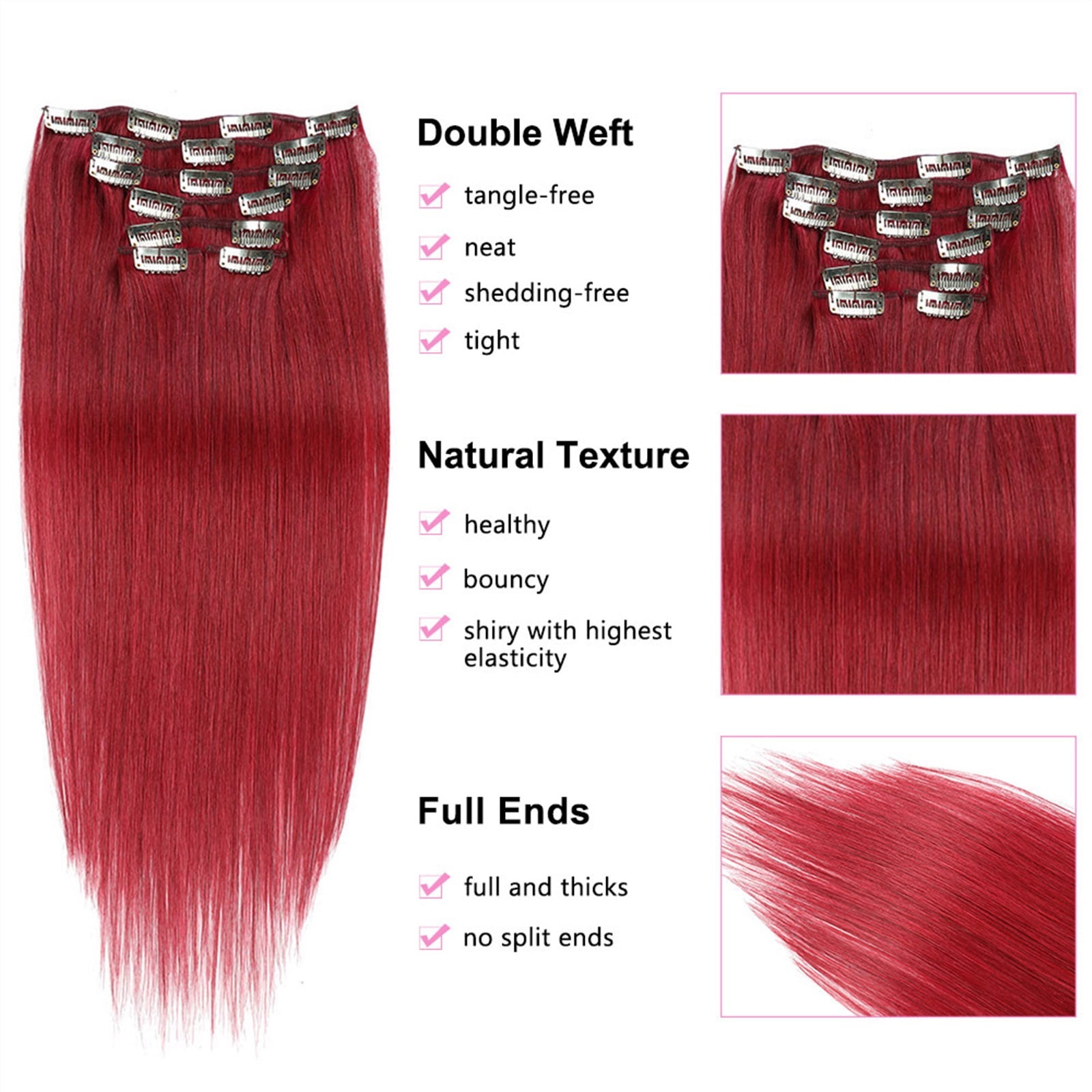 Clip In Hair Extensions Real Human Hair Pieces 7pcs Per Set Wine Red Hair Extensions 100% Remy Virgin Human Hair Clip In Extensions Double Weft Clips Straight
