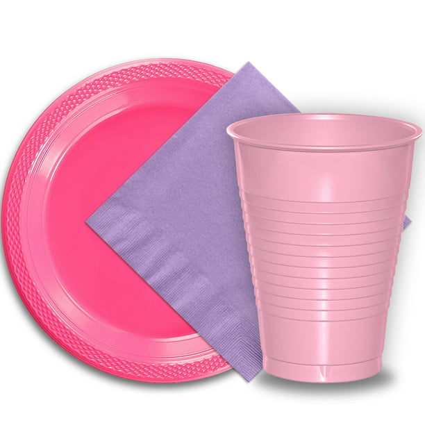 50 Hot Pink Plastic Plates (9"), 50 Pink Plastic Cups (12