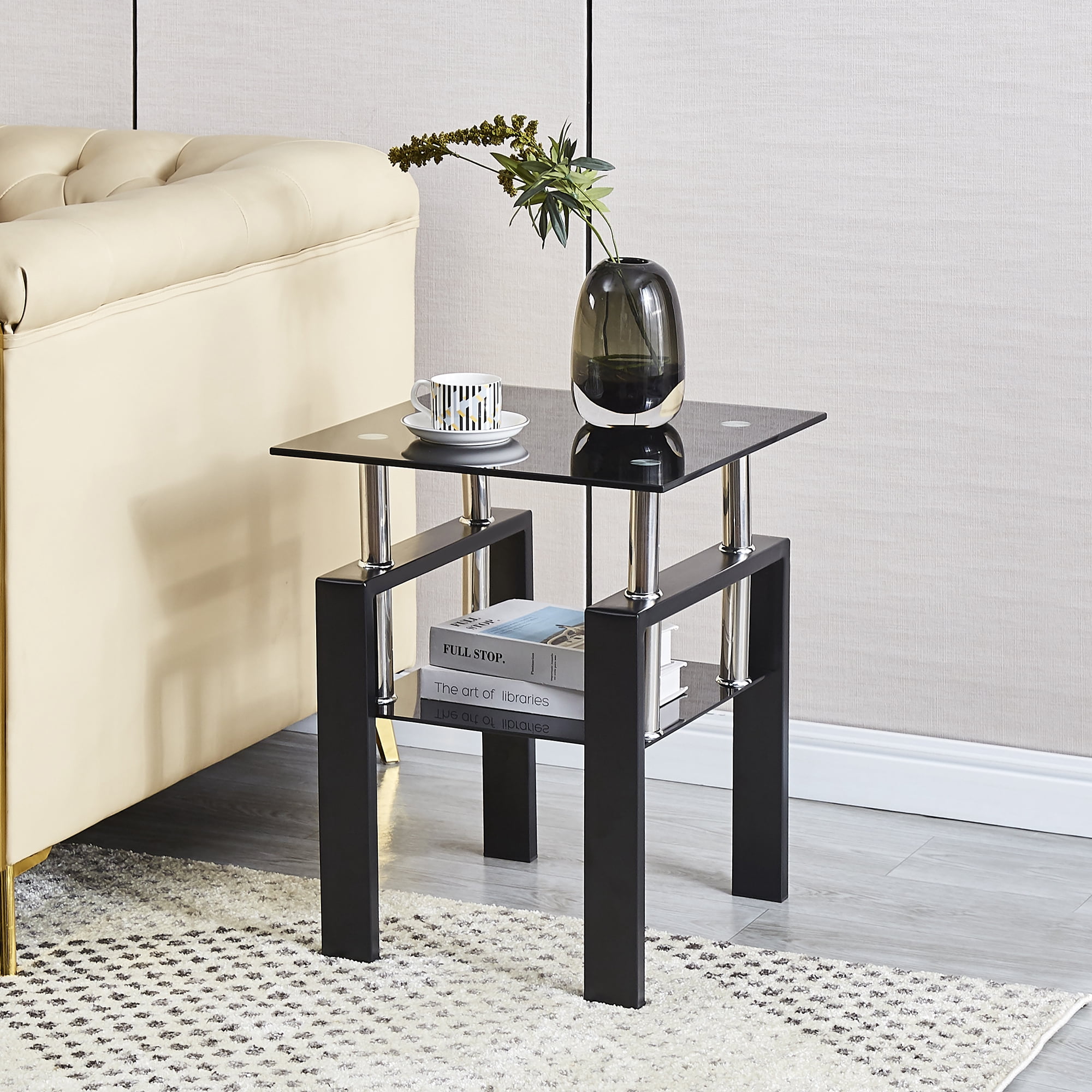 SMARTIK Set of 2 Square Glass End Table, Black  Modern Indoor Décor with Two Tiers and Tempered Glass