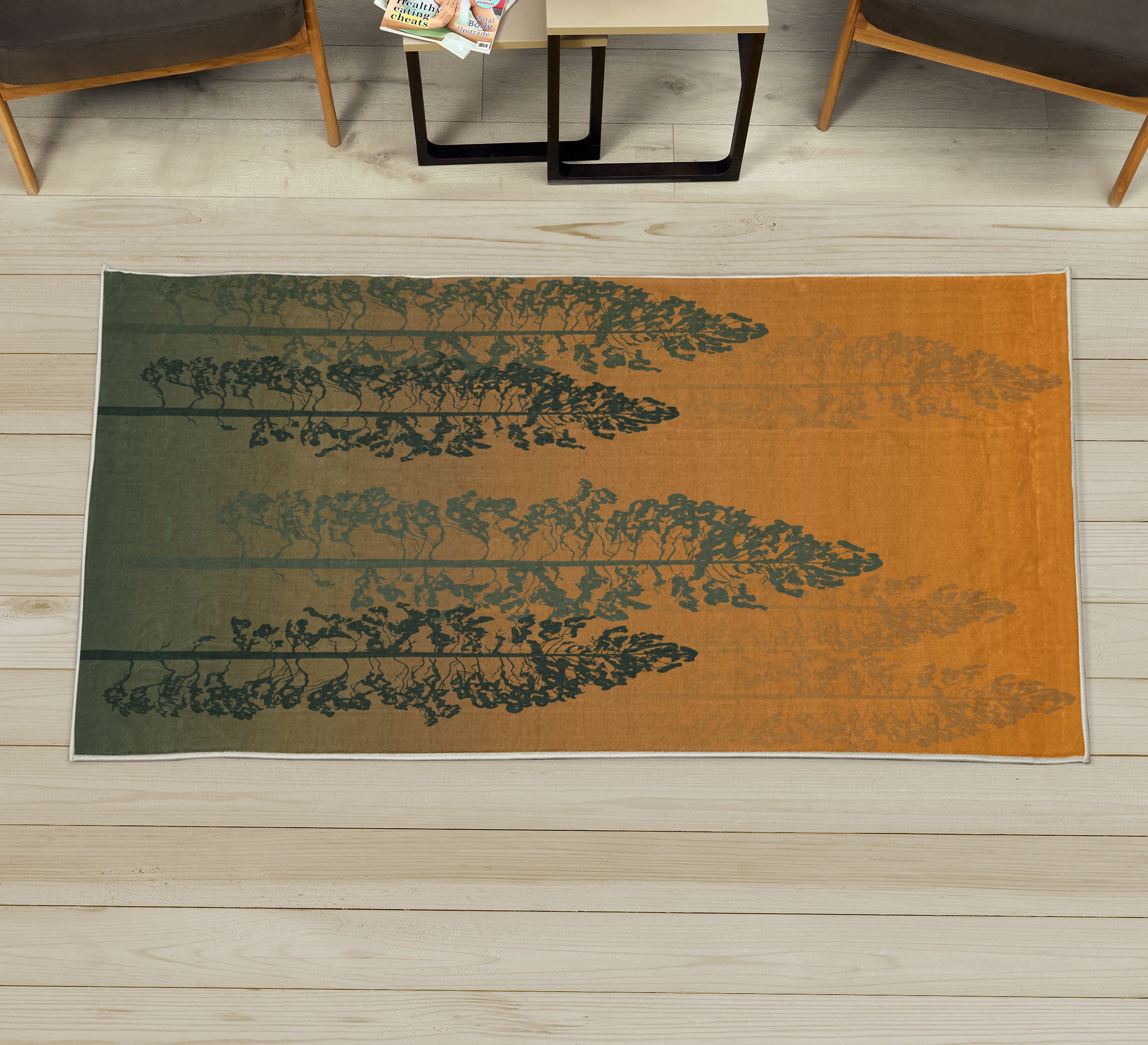 Black Tree Rug Country Decorative Rug, Pine Trees in the Forest on Foggy Seem Ombre ...