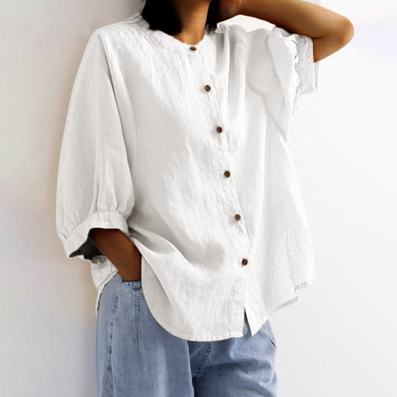 Endives Women's Summer Shirt Solid Color Retro Loose Medium Sleeve Cotton Linen Shirt Womens Blouse Spring Outfit