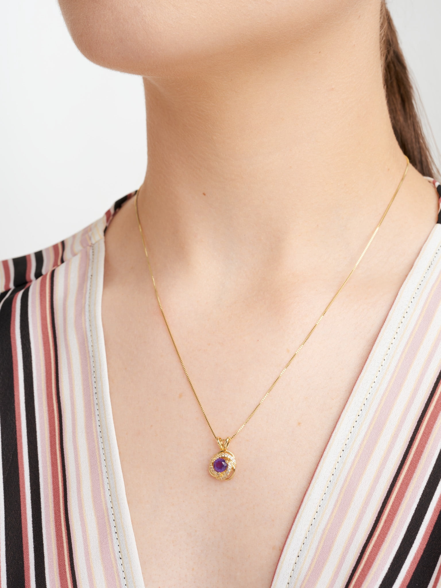 18K Yellow Gold Plated Sterling Silver Genuine Amethyst February Birthstone Love Knot Pendant Necklace for Women Gift for Her