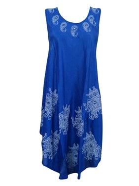 Mogul Boho Style Tank Dress Blue Ethnic Print Sleeveless Round Neck Tunic Dresses