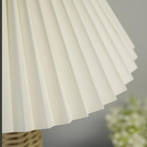 Pleated Table Lamp Bedside Night with Rattan Base Vintage Style Soft Warm Light for Bedroom Decoration