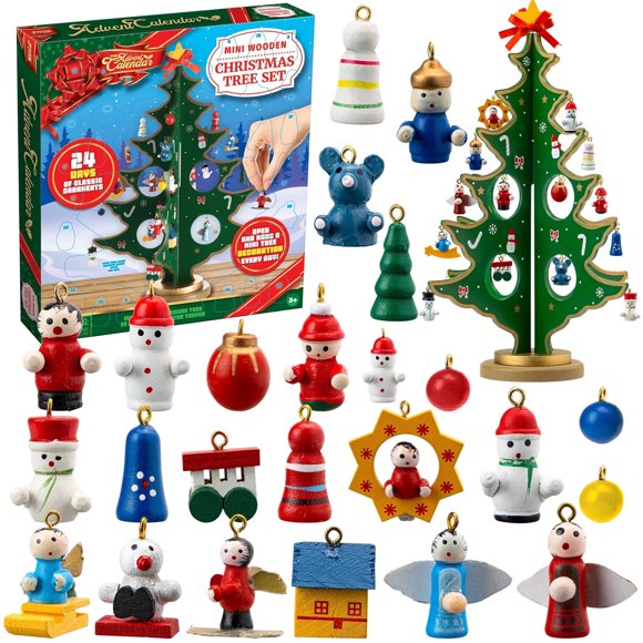 2025 Christmas Countdown Advent Calendar with a Tabletop Wooden Christmas Tree and 28 Ornaments Snowman Santa Decorations for Kids