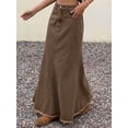 thumbnail image 3 of Womens Brown Cotton Frayed Hem Fish Tail Denim Maxi Skirt, 3 of 9