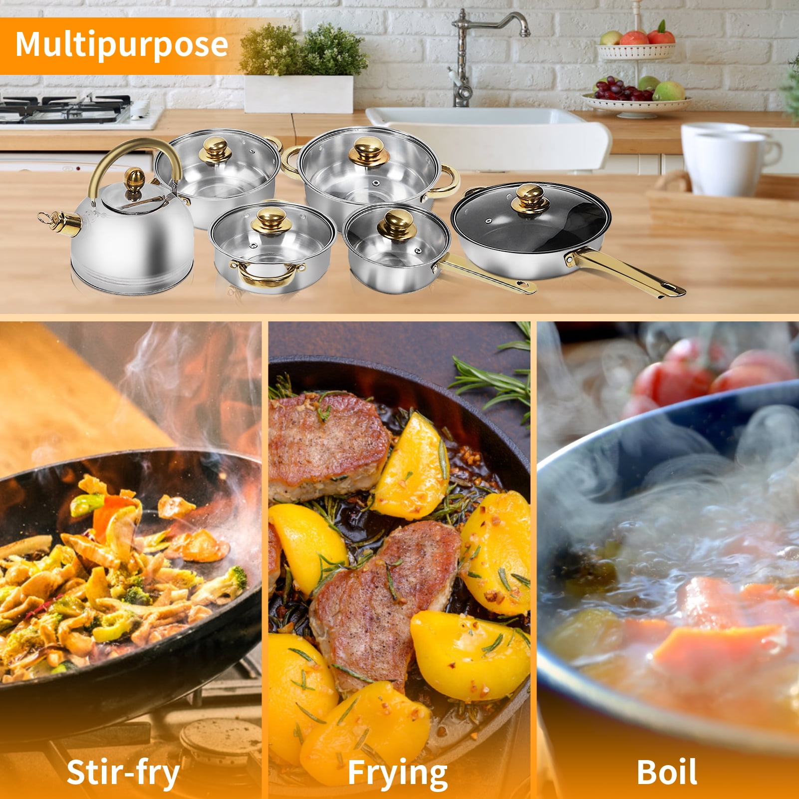 Tebru 12 Piece Nonstick Stainless Steel Cookware Set, Glass