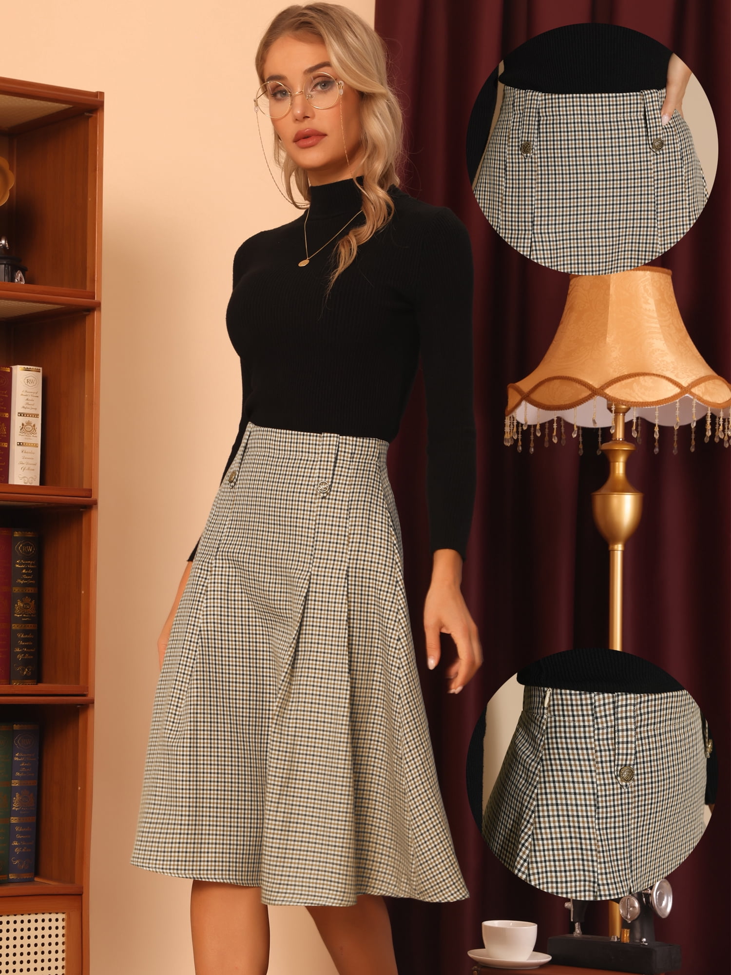 DARING DIVA Women's Vintage Plaid Pleated A-Line Midi Skirt S Brown