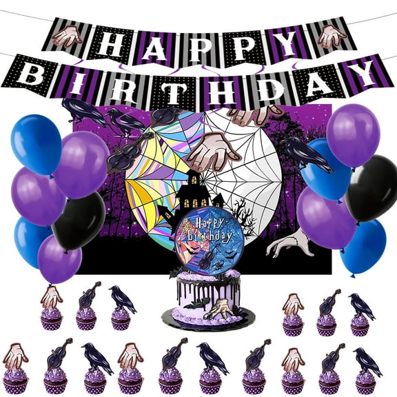 Wednesday birthday party decoration kit, Wednesday party gift includes banner, balloons, cake decorations, and backdrop, suitable for children's birthday parties.