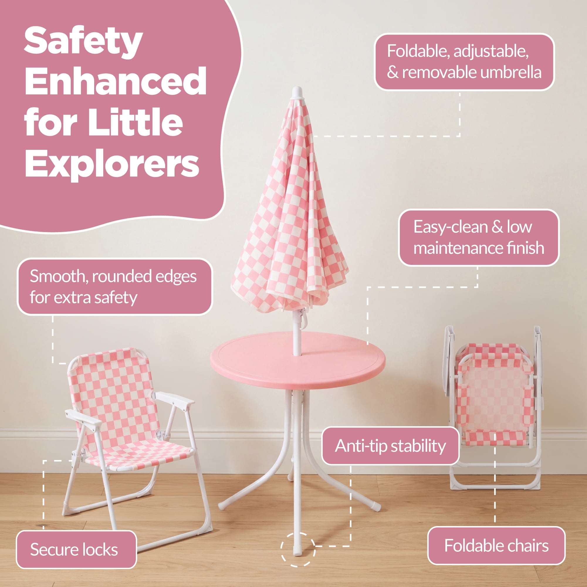 Best Choice Products Kids Outdoor Table and Chair Set with Umbrella, 3-Piece Foldable Toddler Picnic Set Ages 2-5 - Pink