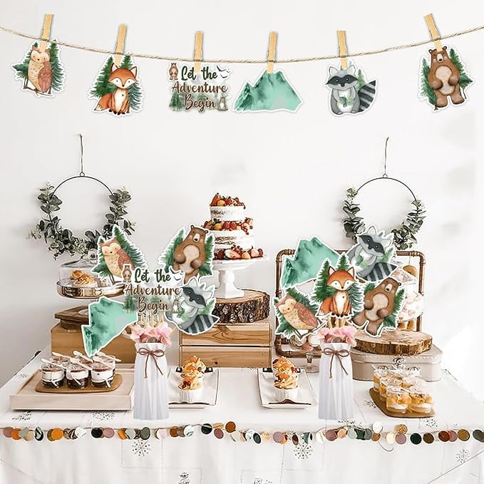 Woodland Baby Shower Decorations Boy Girl, 24pcs Let The Adventure Begin Centerpiece Table Decoration, Double-Sided Forest Animals Centerpieces Stick for Adventure Awaits Party Decorations