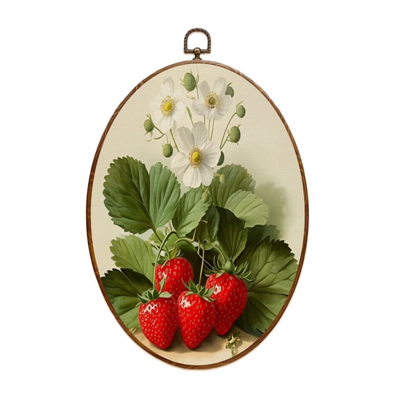Strawberry Canvas Wall Art Strawberry Vintage Food Modern Ripe Strawberries Leaves Oval Framed Canvas Prints Vintage Wall Hanging Decor for Home Decorations 8.6"x11.4"