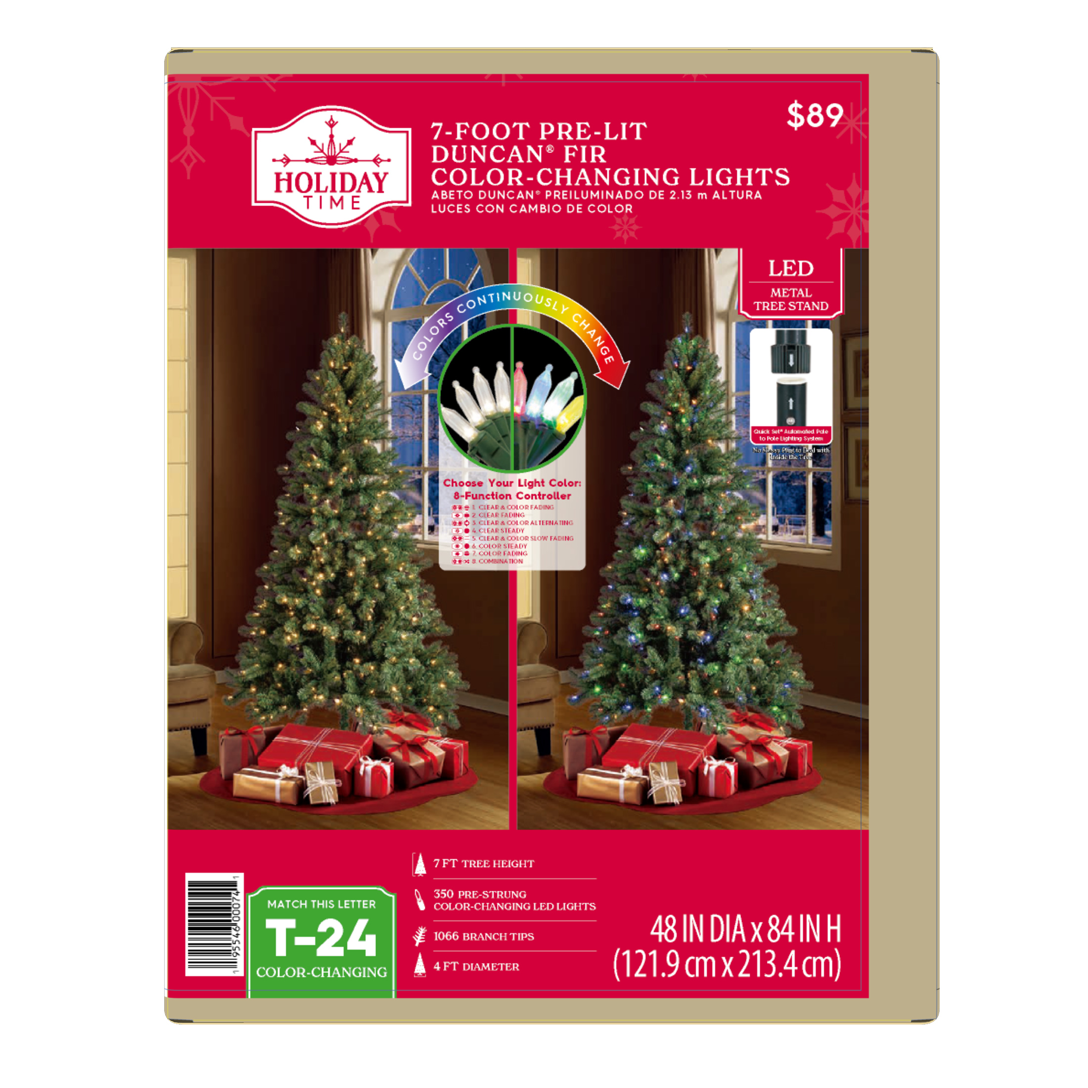 7’ Pre-Lit Duncan Fir Artificial Christmas Tree, Color-Changing LED Lights with Quick Set, by Holiday Time