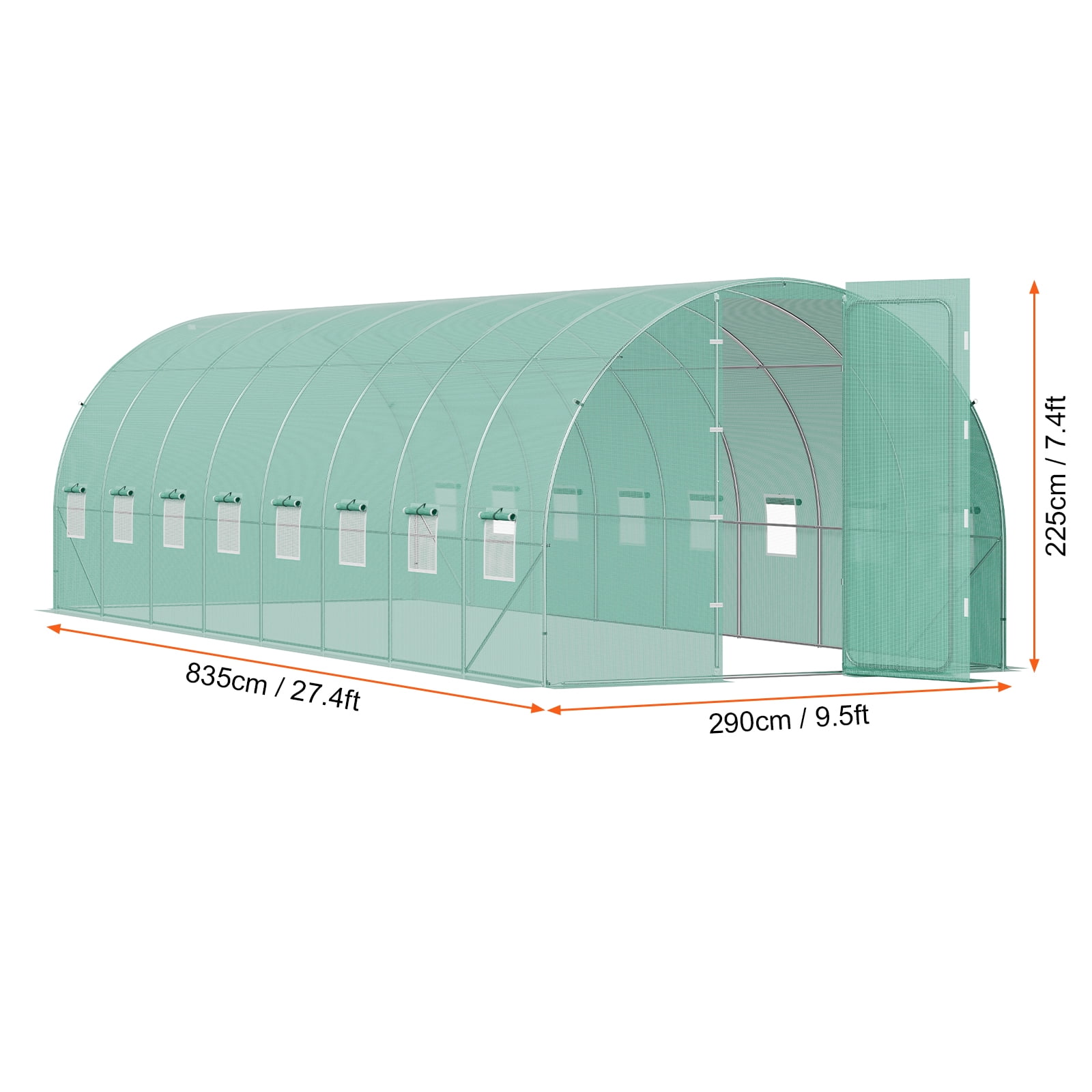 VEVOR Walk-in Tunnel Greenhouse, 27.4x9.5x7.4 ft Hoop House Greenhouse Tunnel, Plant Hot House with Galvanized Steel Frame, Green PE Cover, Swing Door and 16 Roll-up Windows for Outdoor