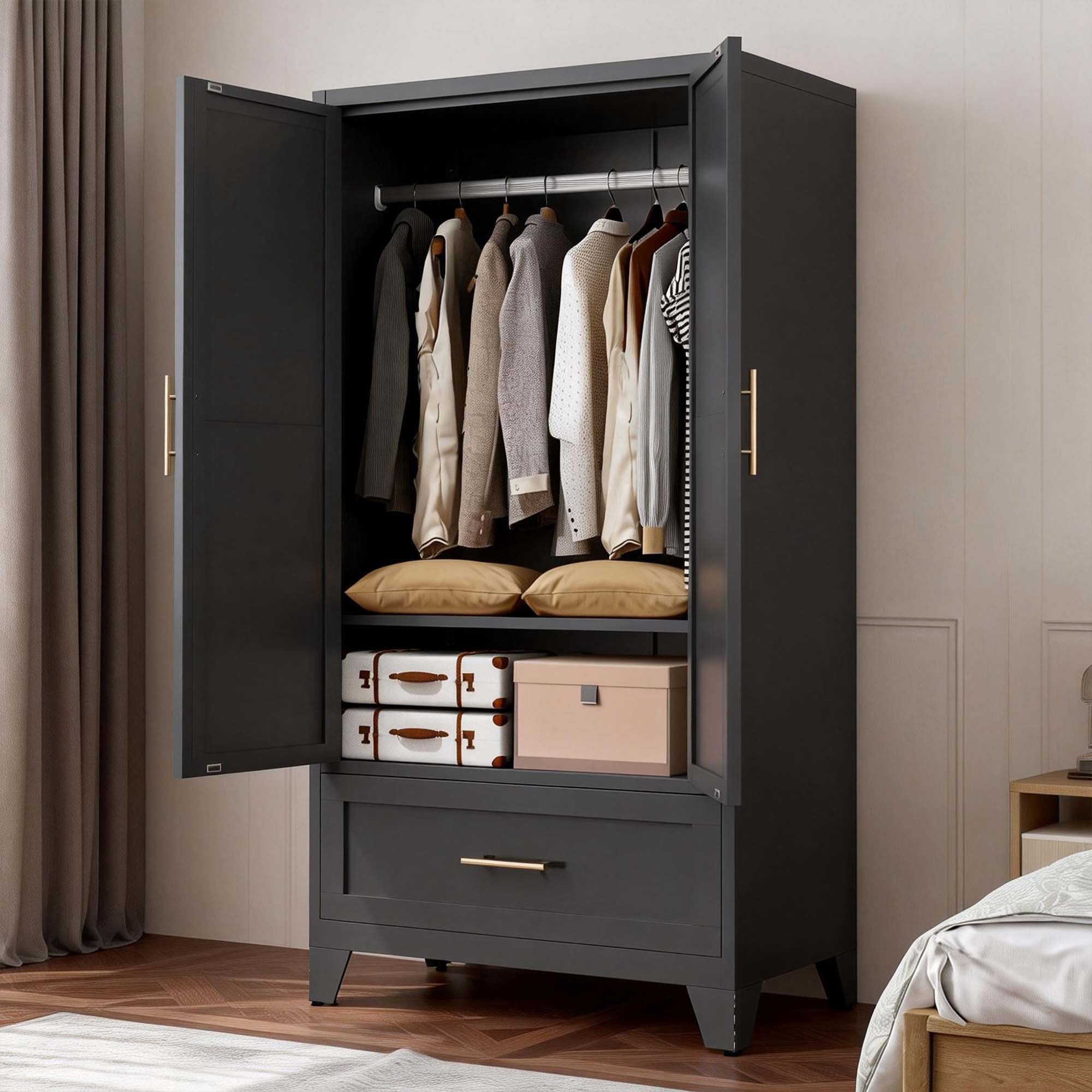 Miniyam 60" Tall Metal Wardrobe Cabinet with 1 Drawer & Hanging Rod, 2-Door Storage Closet for Bedroom Office Laundry Room (Black)