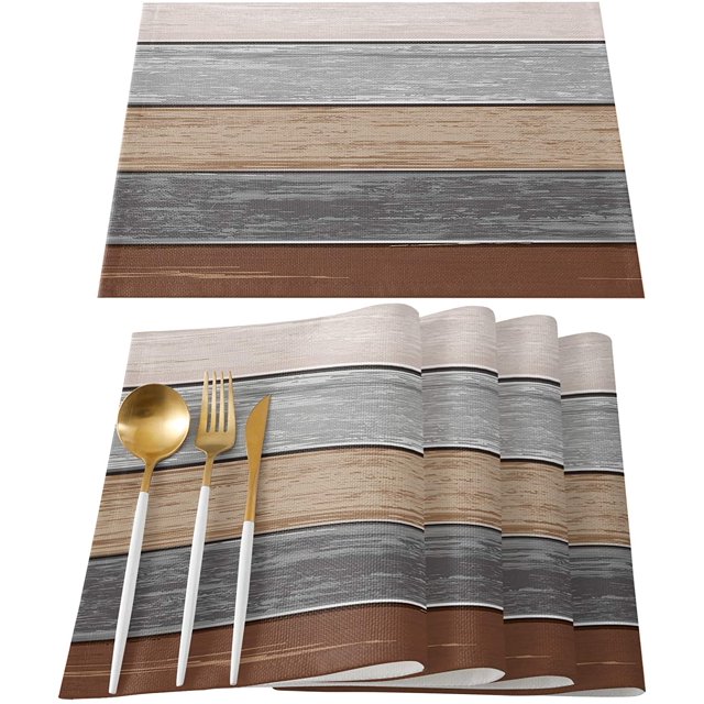 Placemats Set of 6, Retro Rustic Barn Wood Texture Polyester Stain Resistant Table Mats Washable Placemat Decoration for Kitchen Dining Table Ombre Ground Color Brown Grey